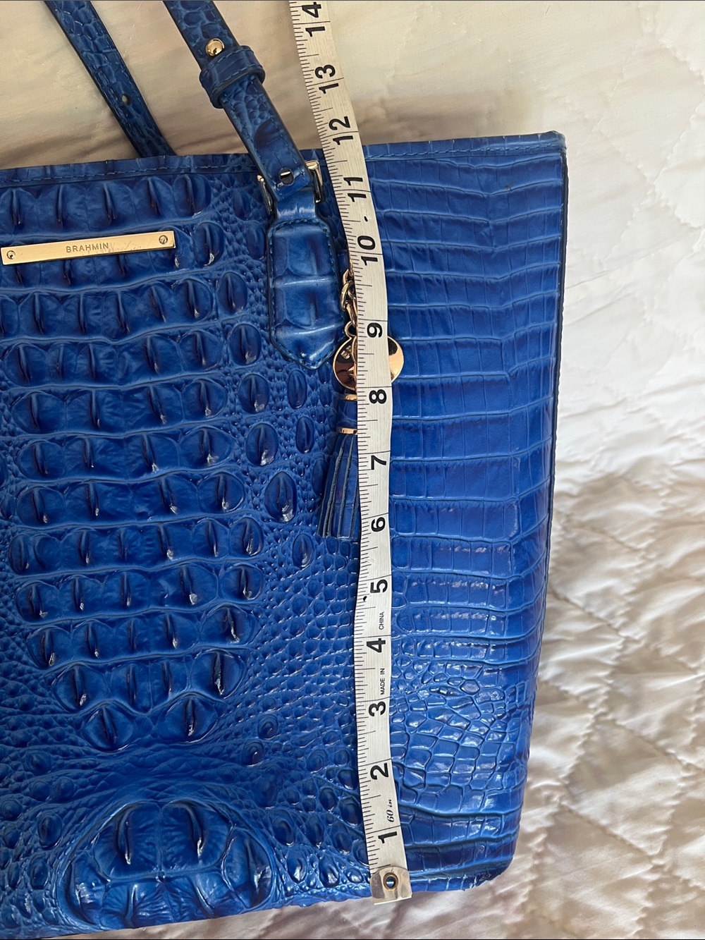 Brahmin Royal Blue Croc-Embossed Leather Tote wear on straps distinctive - Picture 7 of 12
